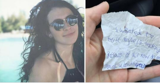 She buys homeless man meal & sits with him. He hands her crumpled note before leaving