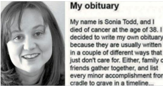 38-year-old woman wrote her own obituary, we aII need to read it