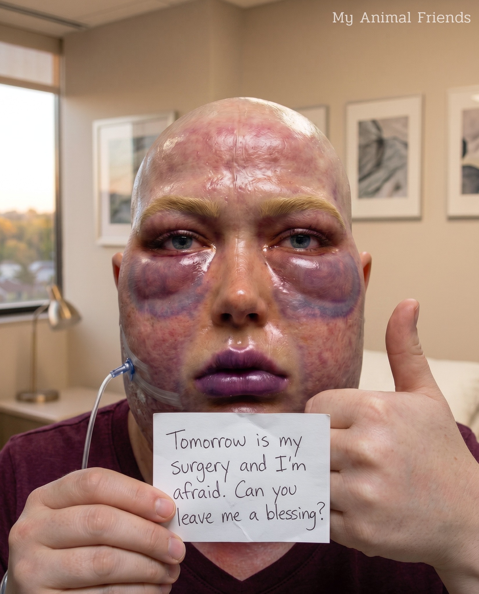 This photo… it’s raw, honest, and a little scary, I know. This is what I look like now, on the outside, after so much struggle. A little swollen, with purple marks that tell stories of intense treatments, and this tiredness that seems to have become my companion. And this thumbs-up?