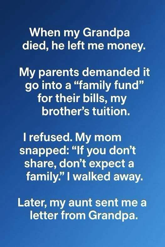 When my grandfather passed away, I thought grief would be the hardest part. But the true challenge began when the will was read. I had been left a modest inheritance — nothing extravagant, but enough to make my parents take notice.