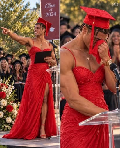 My Son Strolled Across the Graduation Stage in a Dazzling Red Dress While the Crowd Chuckled — He Did It for Me. And I Pleaded with Him Not To. The murmurs began even before he reached the principal, quickly followed by quiet laughter. From the back, someone called out, not even trying to hide their disdain: “What’s WRONG with that guy?” Aaron remained unbothered. He shook hands with the principal, accepted his diploma, and turned to face an auditorium of six hundred eyes, all of whom were laughing at him. I sat in the third row, the only one who understood the reason behind his bold choice. Two weeks earlier, in the still of the night, he had shared his plan with me over a late-night snack — neither of us had found sleep easy lately. I had pleaded with him not to go through with it. “They’ll tear you apart,” I warned. “I know, Mom,” he replied calmly. “But it doesn’t matter.” That morning, the school had reached out, suggesting he wear something “more appropriate.” His father opted out of attending altogether, and his best friend had gone radio silent. Yet, he wore that dress with pride. Now, he descended the stage steps — not toward his peers or the cameras, but directly up the aisle toward me, donning that vibrant red dress, while whispers surrounded us. When he reached my seat, he paused. “This is FOR YOU,” he said softly, holding my gaze. “Both of them.” Then he reached into the pocket of his dress and retrieved something small, neatly wrapped in tissue paper. As soon as I laid eyes on it, the noise of the crowd faded away. And the row of mothers beside me — those same women who had laughed moments before — fell silent one by one as I broke down, overcome with emotion in my seat.