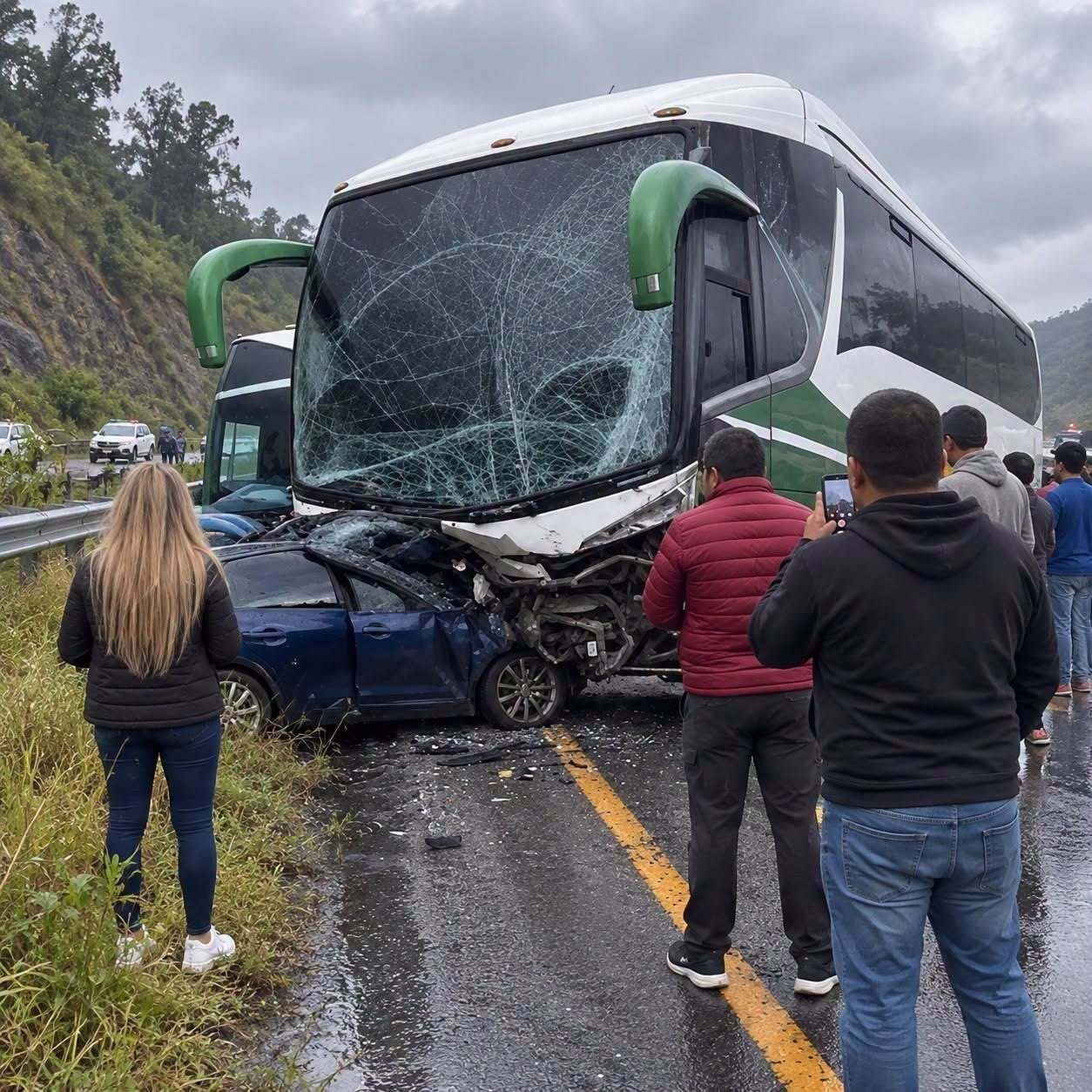 Serious Bus Crash Leaves a Car Crushed on the Highway